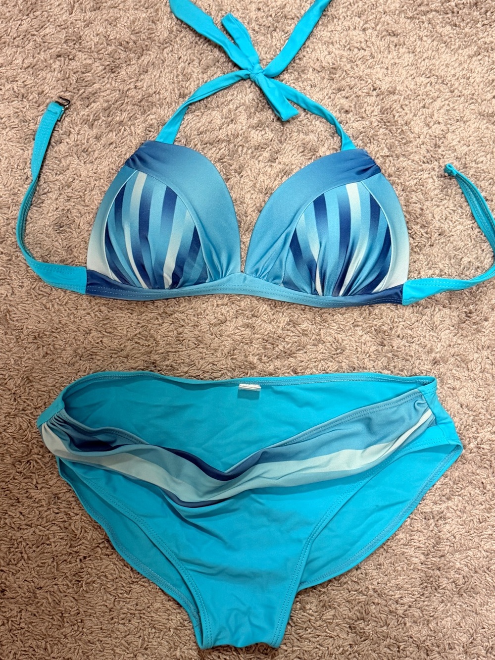 SHEIN Turquoise & Navy Striped Halter Bikini Set